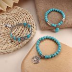 Florideco Bohemian Turquoise Jewelry Set Turquoise Pendant Necklace Turquoise Faux Leather Cuff Bracelet Turquoise Dangle Earrings Vintage Turquoise Knuckle Rings for - Image 9